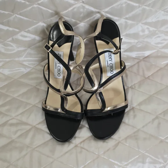 Jimmy Choo Black and Gold Strappy Stiletto Sandals - Picture 6 of 6